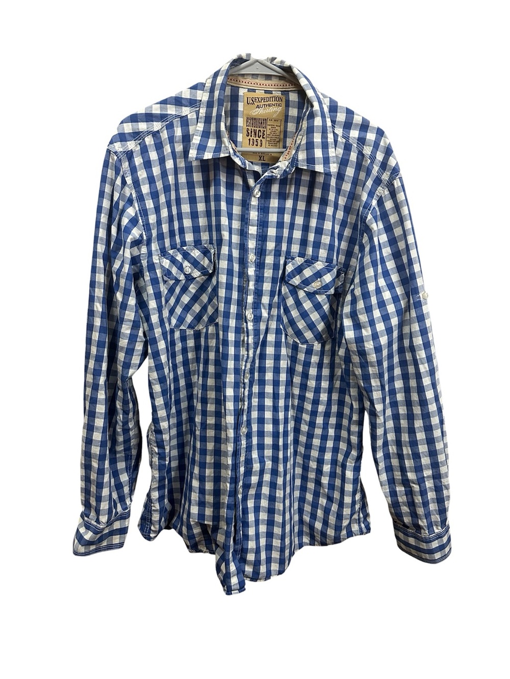 US Expedition Blue And White Gingham Button Down Shirt XL